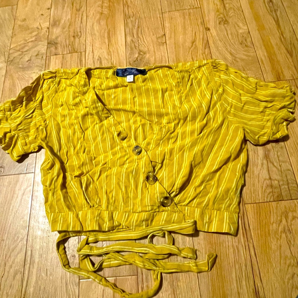 Blue Rain mustard yellow wrap shirt with ruffle short sleeve